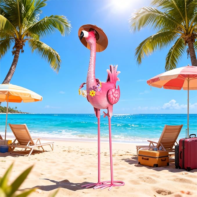 Natelf Flamingo Metal Garden Statue Outdoor Pink Hawaii Flamingo Yard Art Sculpture Decor with Flower Lei & Straw Hat, Waterproof Rust-Proof Lawn Decor for Pool, Beach, Patio, Poolside, Tropical Party
