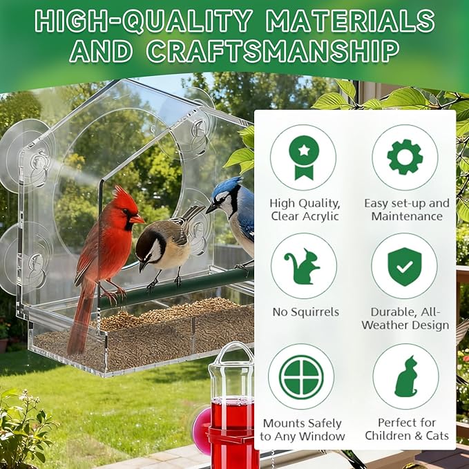 Window Bird Feeders (Large & Small) Plus Hummingbird Waterers（3-Piece Set） Lure Various Birds, Offer Easy Food & Water Access. Extra-Strong Suction Cups, Easy to Mount, Perfect for Outdoor Use.