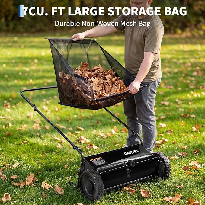 26 Inch Push Lawn Sweeper, 7 Cu. ft Grass Cutter, 4 High-Speed Spinning Brushes, Durable Steel Construction, Walk-Behind Leaf & Grass Collector for Yard Cleanup