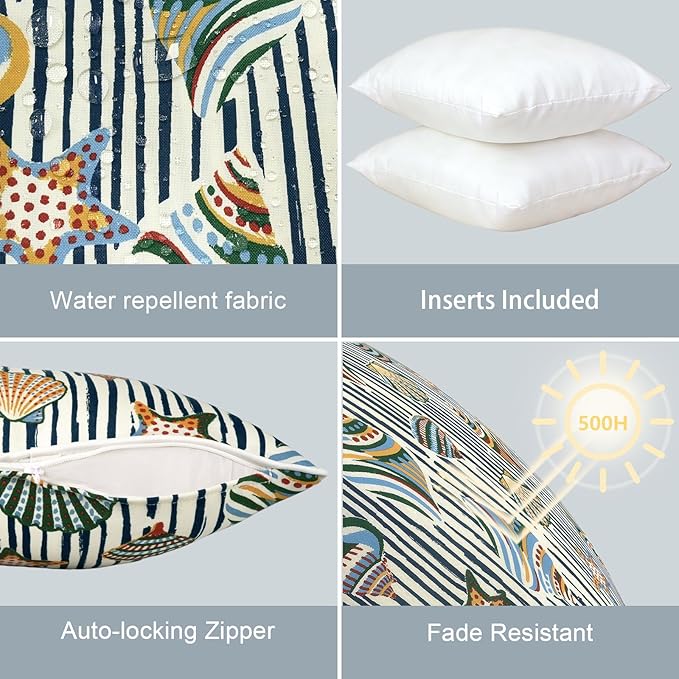 LVTXIII Outdoor Throw Pillows 16x16 Patio Waterproof Square Pillows with Piping Fade Resistant Accent Pillow for Spring Summer Garden Decoration, Set of 2, Crayon Shells