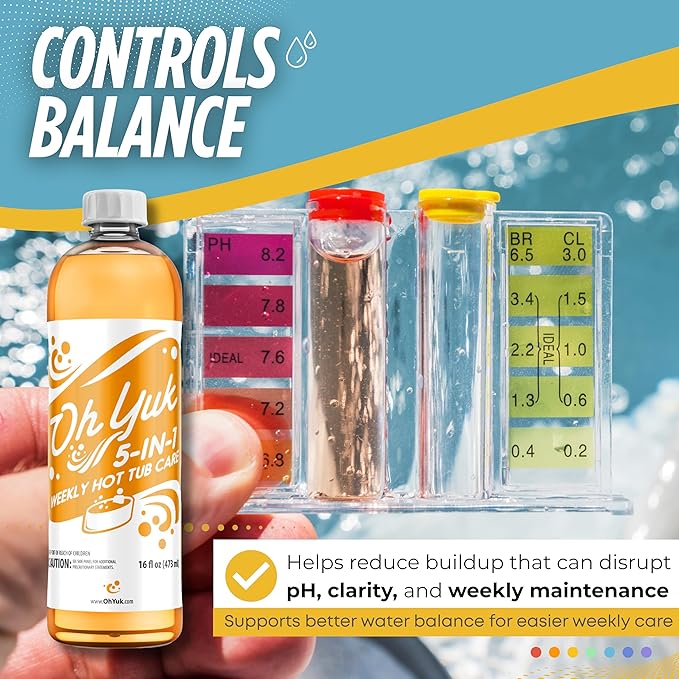 Oh Yuk 5-in-1 Weekly Hot Tub Chemicals – Hot tub Clarifier, Cleaner, Conditioner – Helps Control Water Balance & Combat Buildup – Spa Care Chemicals for All Types Including Inflatable & Portable