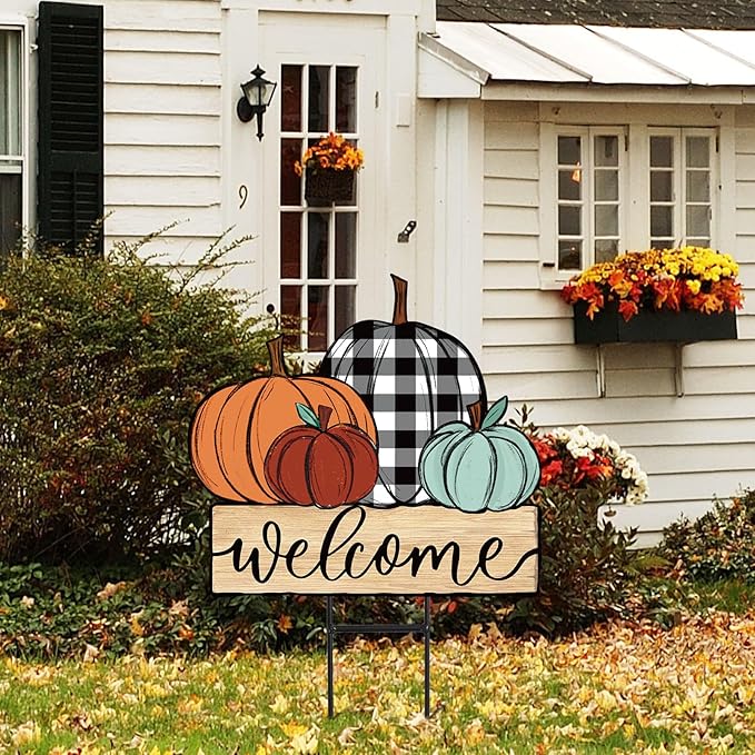JarThenaAMCS Fall Pumpkin Metal Garden Stakes Farmhouse Rustic Pumpkin Decorative Lawn Sign Autumn Harvest Welcome Yard Sign for Thanksgiving Home Outside Lawn Porch Decor
