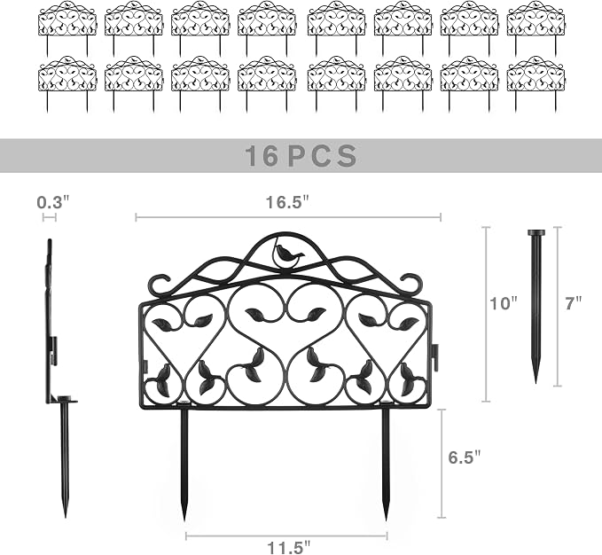 Evelyne Decorative Garden Border Plastic Edging – PP Plastic, Short Metal-Free Faux Wrought Iron Leaf & Bird Design, 16pcs Yard Landscaping Fence Liner Lawn Edge Barrier, 20ft Kit of Decorative Panels