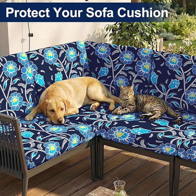 Smiry Waterproof Patio Cushion Covers, Stretch Outdoor Couch Slipcovers Replacement Washable Furniture Protector Sofa Chair Seat Cover for Dogs and Pets (4 Pcs, Midnight Blue)