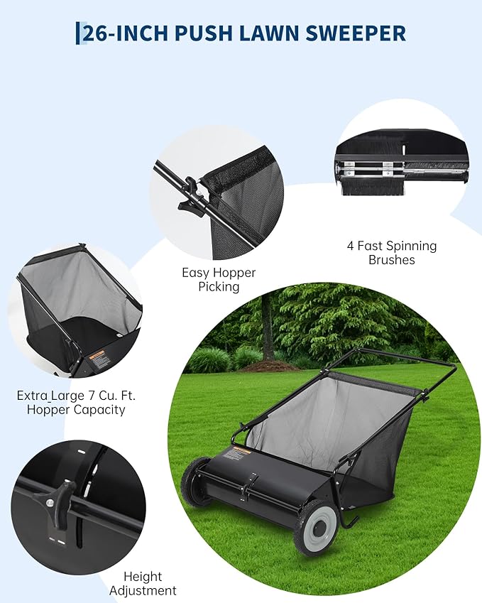 26 in Push Lawn Sweeper,4 Spinning Brushes, 7 Cu. Ft. Large Capacity Collection Bag,Adjustable Height, Durable Steel Frame with Rubber Wheels, for Grass, Leaves & Debris Collector on All Terrains