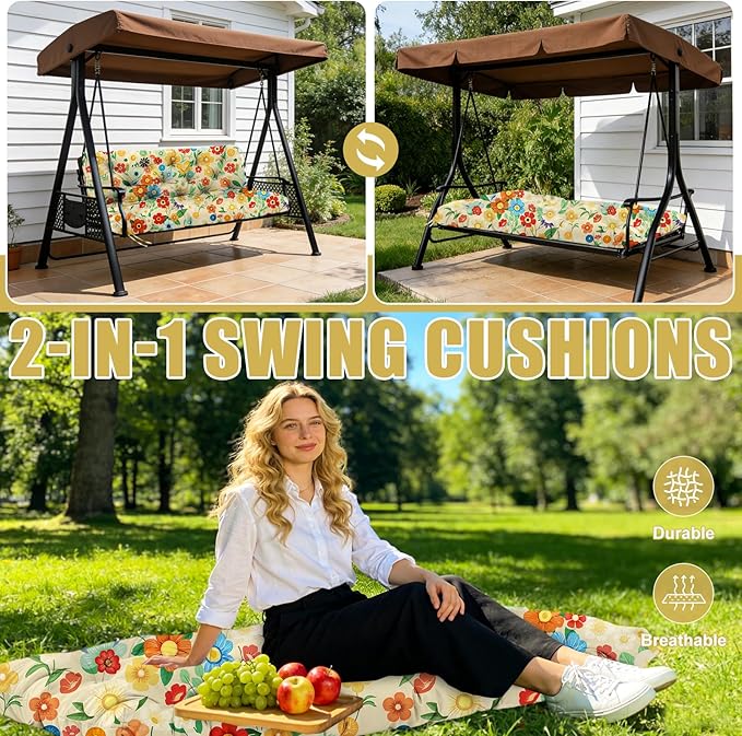 Porch Swing Cushions 40 inch Waterproof & Fade Resistant Thicken 5" Outdoor Swing Cushions 2 Seater Replacement with Backrest & Ties Patio Swing Cushions for Outdoor Furniture (Flower)