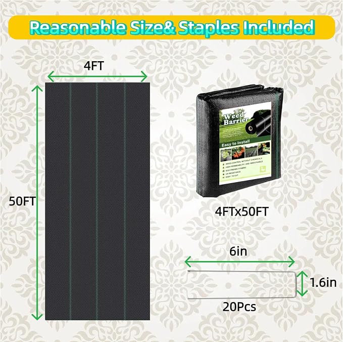 4FTx50FT Weed Barrier Landscape Fabric Heavy Duty, Weed Block Gardening Ground Cover Mat, UV Resistant Permeable Weed Control Cloth for Garden, Flower Bed, Yard, Commercial Driveway Fabric
