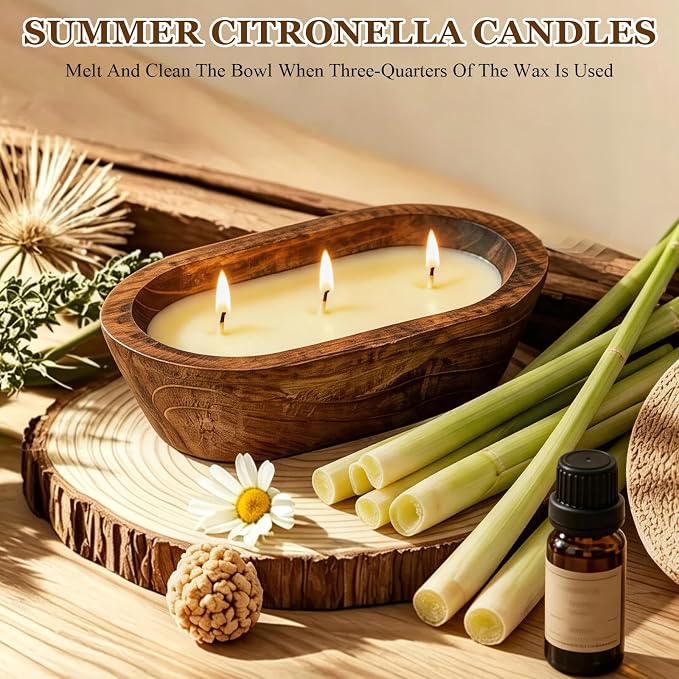 SCENTORINI Citronella Candles, Wood Dough Bowl 2 Pack (35oz), 3 Wicks, Natural Soy Wax Infused with Citronella Essential Oil, Summer Fresh Scent for Outdoor Indoor Patio Camping Balcony