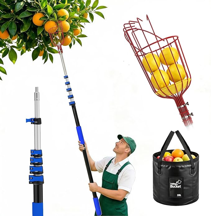 AgiiMan 28 Reach Fruit Picker with Telescopic Extension Pole and 20L Bucket, 5 to 20 FT Fruit Picker Pole Lightweight and Sturdy Aluminum Telescopic Pole, Easy to Assemble Fruit Picking Basket