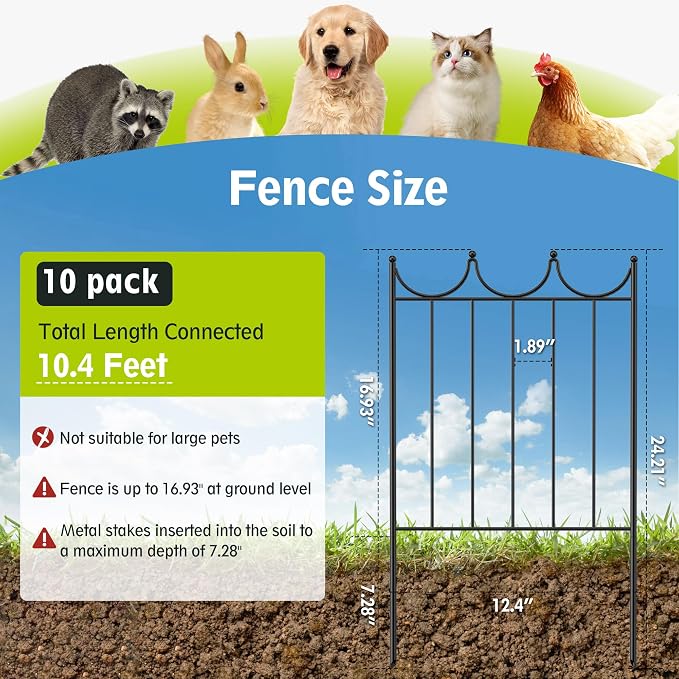 Decorative Garden Fence, 24in(H)×10.4ft(L), 10 Pack | No Dig Animal Barrier, For Dog & Rabbits, Flower Bed Border, Yard & Patio Landscaping