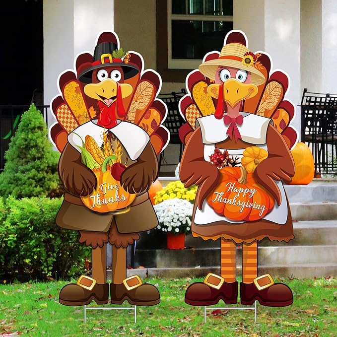 Capoda Large Thanksgiving Turkey Yard Sign Turkey Pumpkin Fall Yard Sign Stake Happy Thanksgiving Signs with H Stand for Fall Autumn Harvest Party Lawn Garden Outdoor Decor, 29.3 x 12.6 Inch