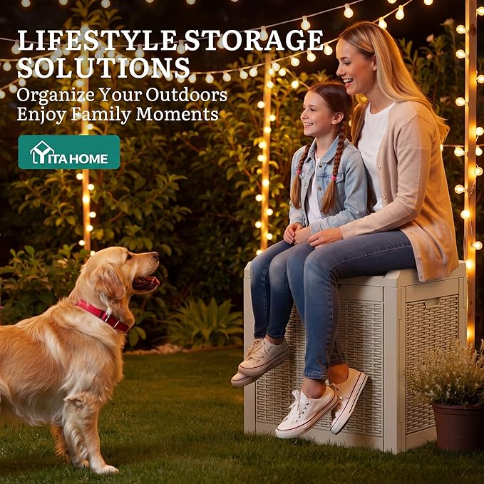 YITAHOME 35 Gallon Outdoor Deck Box, Lockable Waterproof Storage Box, Resin Storage Bin for Patio Cushions, Gardening Tools, UV Resistant, Brown