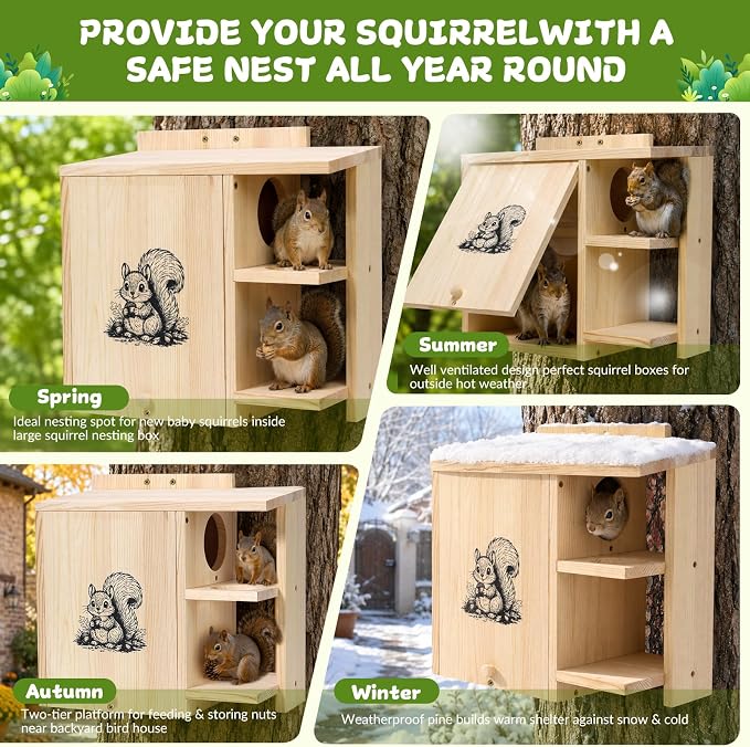 Large Widened Squirrel House for Outside, Waterproof Squirrel Nesting Box | External Platform & Porch, Anti-Predator Squirrel Box for Backyard, Solid Pine Wood, Easy to Assemble, DIY, 16×14.5×8 Inch
