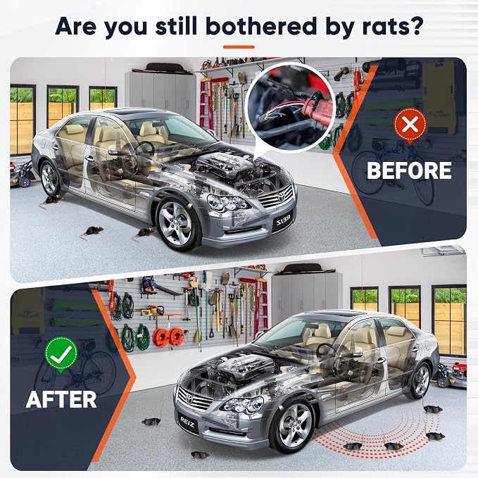 Rodent Repellent for Car Engines-2Pack, Ultrasonic Mouse Repeller with Variable Frequency Sound & LED Flash, Under-Hood Rodent Protection for Cars, Garages, Attics, and Indoor/Outdoor Areas