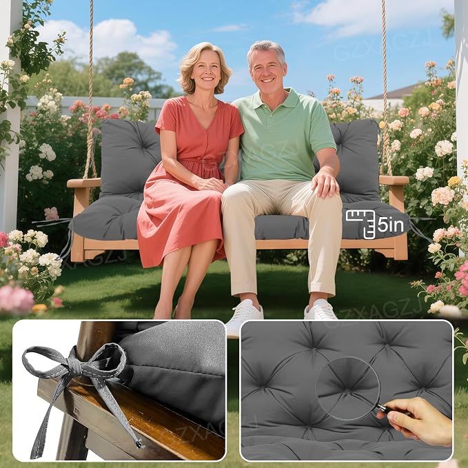 Porch Swing Cushions with Backrest Thicken 5" Outdoor Swing Cushions Waterproof Swing Bench Cushions for Outdoor Furniture Patio Backyard Lawn 2-3 Seater Replacement Cushions (Gray)