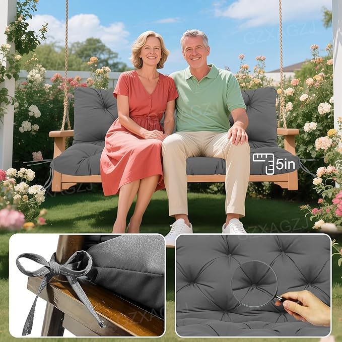 Porch Swing Cushions with Backrest Thicken 5" Outdoor Swing Cushions Waterproof Swing Bench Cushions for Outdoor Furniture Patio Backyard Lawn 2-3 Seater Replacement Cushions (Gray)