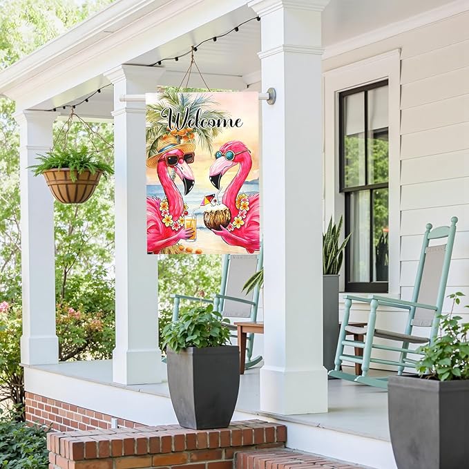 Welcome Garden Flag Flamingo Tropical Beach Scene Yard Flags Summer Coastal Island Double Sided Polyester Pink Flamingo House Flags for Lawn Pool Palm Tree Seaside Home Decor 28 x 40 Inch