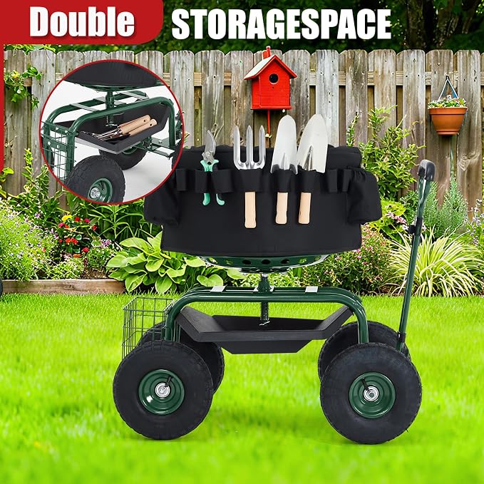 Garden Cart Rolling Workseat with Wheels, 360° Swivel Gardening Stool, Extendable Steering Handle & Utility Tool Tray, 10-Inch Inflatable Tires, Reinforced Steel Construction for Patio, Yard, Outdoor