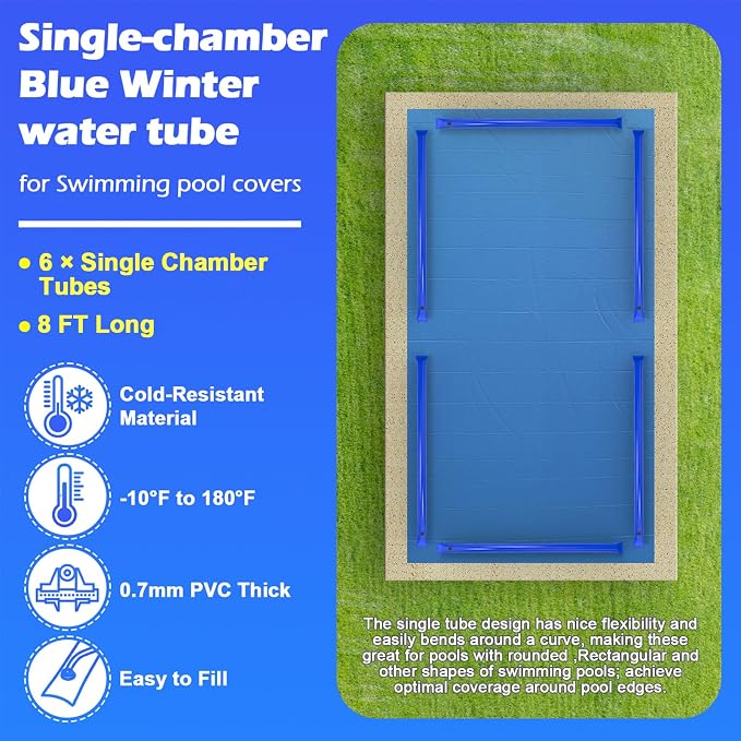 6 Pack 0.7mm Water Tubes for Pool Cover Heavy Duty Pool Water Bags, Blue Pool Cover Tubes for Winterizing Swimming Pool Cover Weights Inground Thick Three-Layer Composite Material