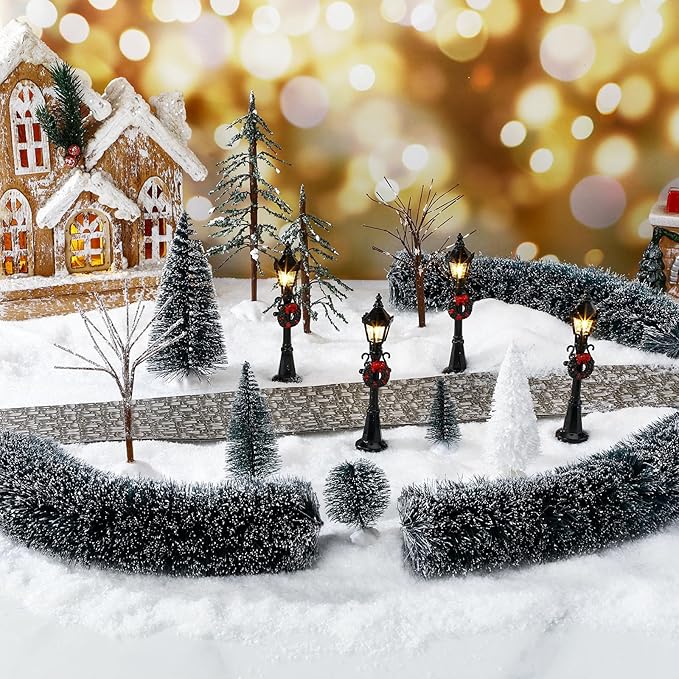 Hotop 18pc Christmas Village Accessories 47.2 Inch Village Roads Mini Snowy Trees Streets Light Lamppost Hedge Figurines Set for Display Winter Holiday Decorations DIY Crafts No Batteries(Exquisite)