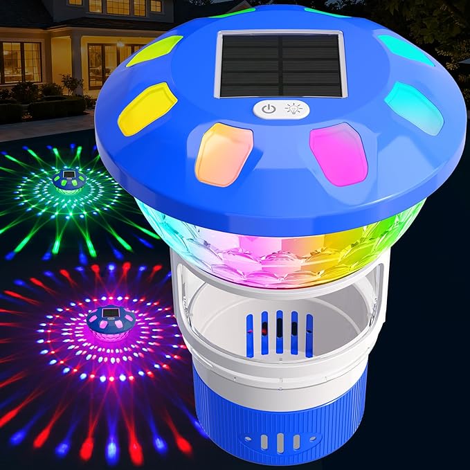 AquClor Chlorine Floater with Light,Pool Chlorine Floater with Adjustable Flow,Solar Chlorine Floater w/Large Capacity,Collapsible Floating Chlorine Dispenser for Pool,Hot Tub Chlorine Floater,Blue