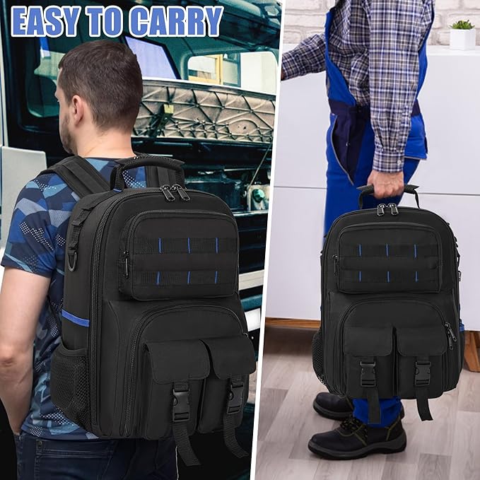 Tool Backpack for Men, Heavy Duty Tool Bag with Removable Tool Organizer, Durable Water-Resistant Work Backpack, Upgrade(Black & Blue)