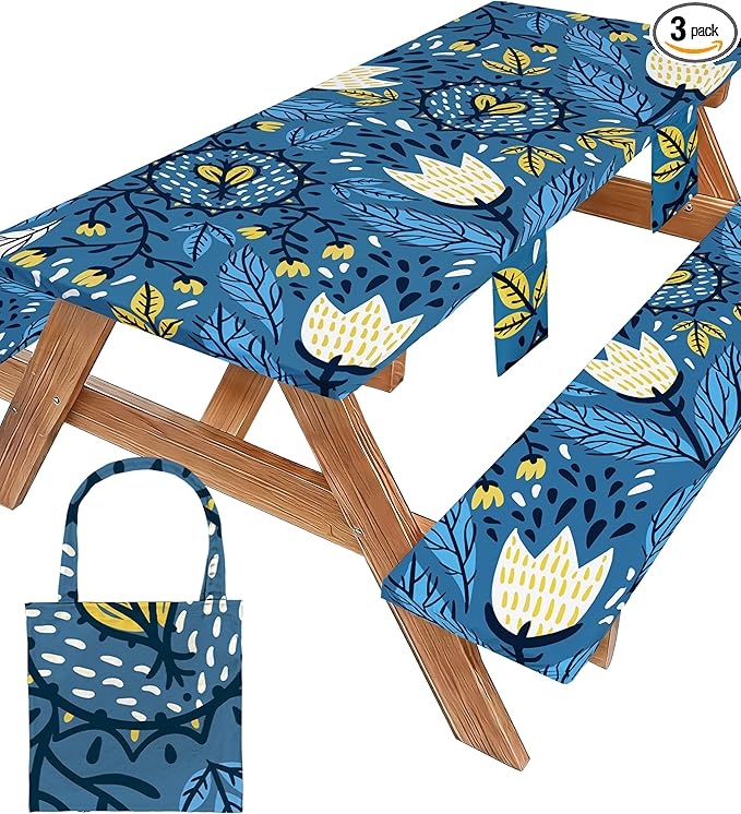 Picnic Table Cover with Bench Covers Waterproof Elastic Rectangle Tablecloth Camping Essentials Supplies Rv Car Travel Gear Must Haves Accessories Fitted Table Cloth Outdoor Road Trip Camper Gifts 6ft