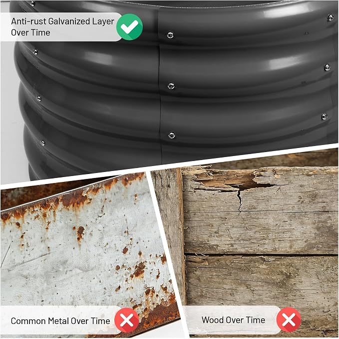Garvee Galvanized Raised Garden Bed, 2Pcs Raised Garden Beds Outdoor, Round Planter Raised Beds with Gloves and Rubber Edge Trim for Vegetables, Flowers and Herbs, 2x2x1 FT, Dark Grey