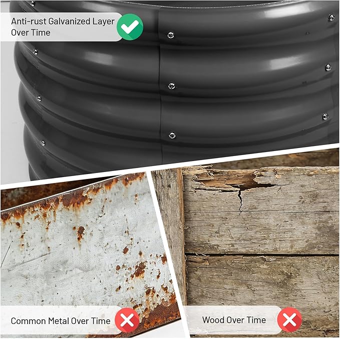 Garvee Galvanized Raised Garden Bed, 2Pcs Raised Garden Beds Outdoor, Round Planter Raised Beds with Gloves and Rubber Edge Trim for Vegetables, Flowers and Herbs, 3x3x1 FT, Dark Grey
