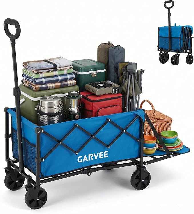 Collapsible Wagon Cart Max 220lb Load & Expandable Storage 120L, Double Bearing Design for Flexible Steering, Foldable Heavy Duty Garden Cart with 2 Cup Holders for Groceries, Garden & Camping
