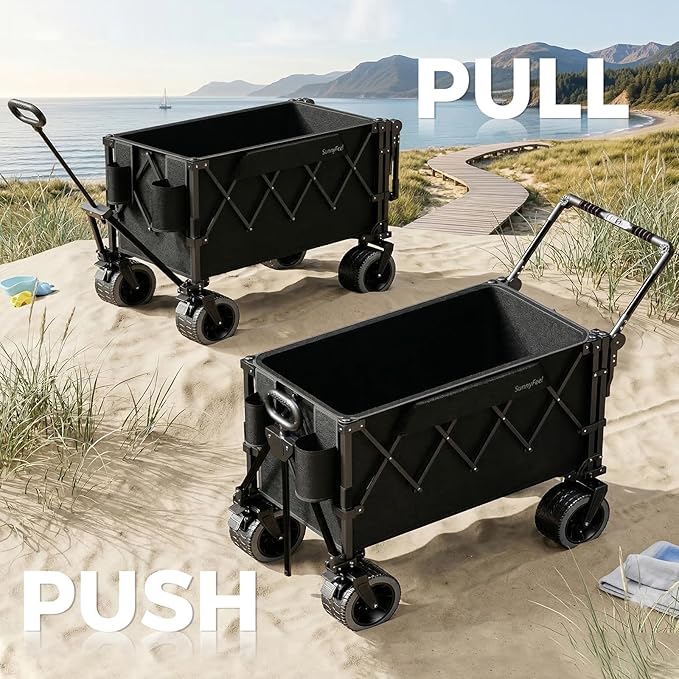 SUNNYFEEL 550LBS Collapsible Wagon Cart - Heavy Duty Push Pull Foldable Wagon with Dual Handles and Big Wheel,Utility Cart with Rear Tailgate for Camping, Fishing, Gardening, Shopping, Black