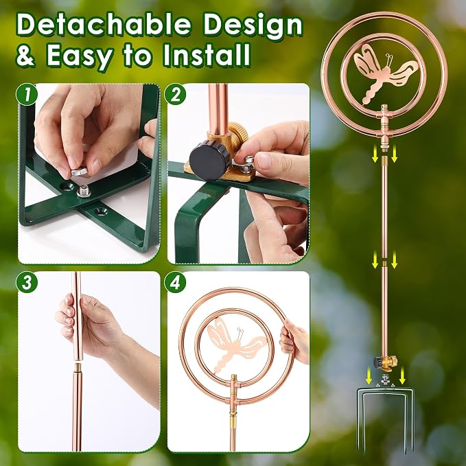 34" H Copper Coated Stainless Steel Ornamental Sprinkler, Corrosion Resistant Garden Rotating Sprinkler 360 Degree Shape Decorative for Lawn Garden Landscape(Double Ring Butterfly)