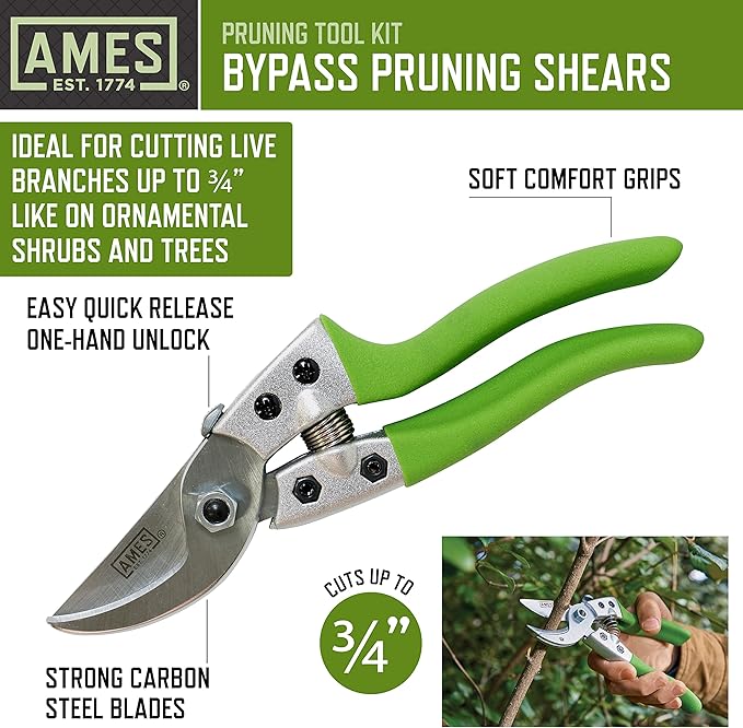 AMES 20213344 4-pc. Pruning Tools Kit with Bypass & Anvil Pruners, Garden Snips, Grass Shears & Canvas Case