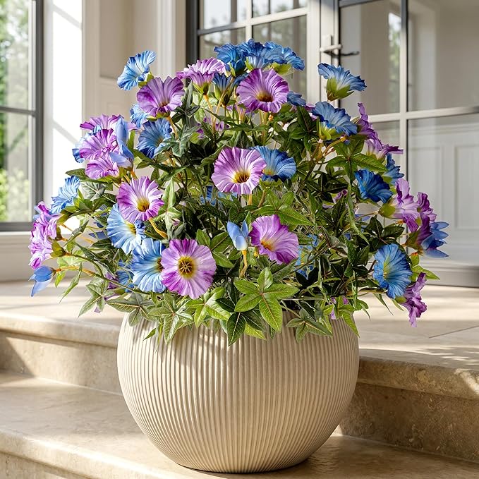 Blue Purple Artificial Morning Glory Flowers for Outdoor Planters, Premium UV Resistant Silk Faux Flowers for Porch, Hanging Basket & Window Box, Cottage Garden Decor, No Pot, 13.3 Inch, 4 Bundles