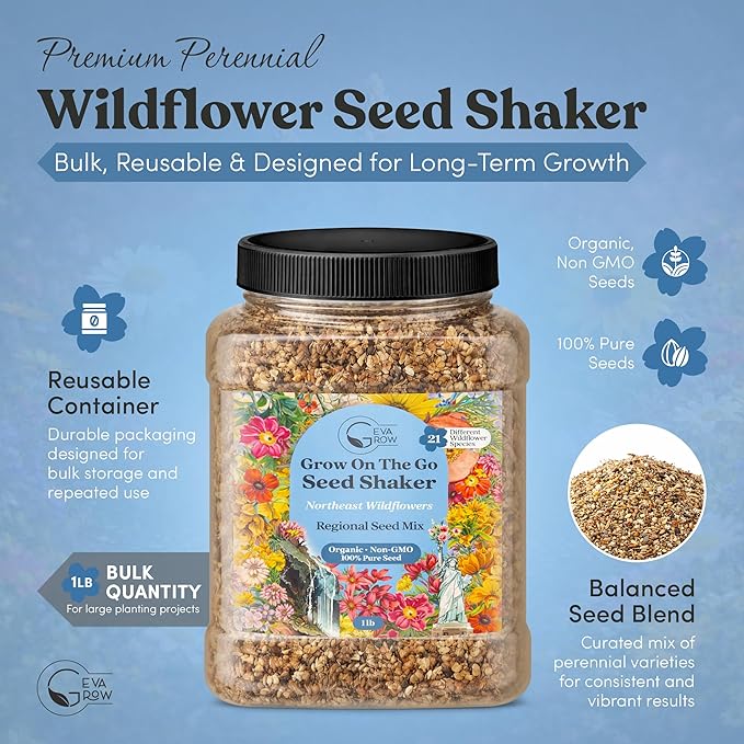 Regional Wildflower - Northeast USA Wildflowers - 100% Pure Seed - Organic, Non-GMO - 21 Wildflower Variety Seeds of Annual & Perennial, 1 LB Tub