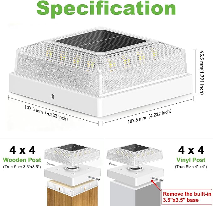 Brightever 3.5x3.5 4x4 Solar Post Cap Light Outdoor, 12-Pack Fence Post Solar Lights for Wooden/Vinyl Posts, 3 Lighting Modes, Solar Powered Waterproof Deck Post Lights for Garden Patio, White