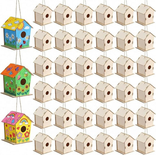DoubleFill 48 Pcs 4.33" Wooden Bird Houses Crafts Kit for Kids DIY Unfinished Hanging Birdhouse for Art Painting Wood Toys Boy Girl Class Back to School Classroom Project Parties Creative Activity