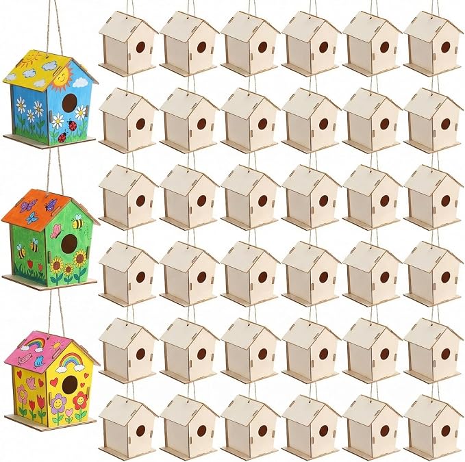 DoubleFill 120 Pcs 4.33" Wooden Bird Houses Crafts Kit for Kids DIY Unfinished Hanging Birdhouse for Art Painting Wood Toys Boy Girl Class Back to School Classroom Project Parties Creative Activity