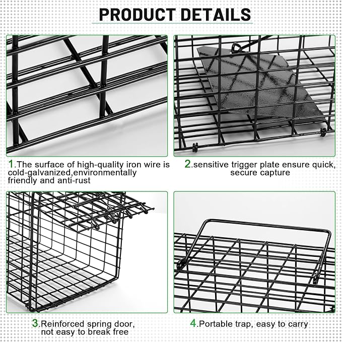 Qualirey 1 Pcs Humane Squirrel Trap Heavy Duty Live Animal Chipmunk Catch and Release Rat Trap for Outdoor Small Animals Mouse Raccoon Stray Cat Rodent Weasels (Black)