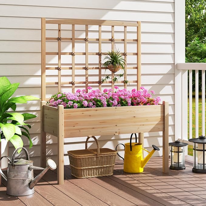 HAPPYGRILL Raised Garden Bed with Lattice Trellis, 4 Drainage Holes, Wooden Elevated Planter Box with Legs for Climbing Vine, Hanging Small Flower Baskets, Outdoor Gardening Planter for Patio Balcony