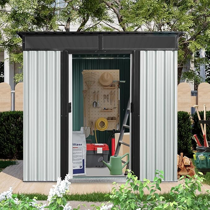 Ball & Cast 6x5 FT Outdoor Metal Storage Shed with Window and Transparent Plate,Waterproof Garden Organizer Tool Housew/Lockable Doors & Ventilation,Shelter Cabinet for Patio,Lawn,White+Black