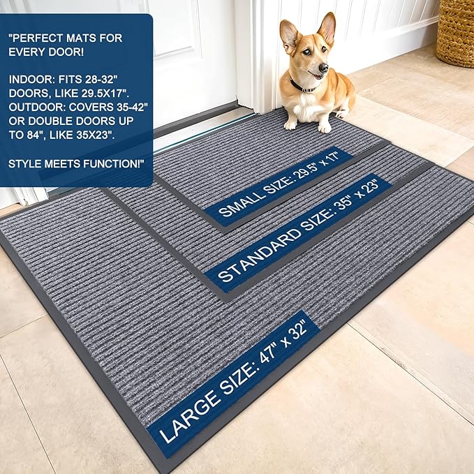 OLANLY Front Door Mat Indoor Outdoor Entrance, 2-Pack 29.5 x 17 Inch, Waterproof Heavy Duty Doormat, Fade Resistant, Low Profile, Easy Clean Patio Porch Welcome Floor Mats for Entry, Light Gray