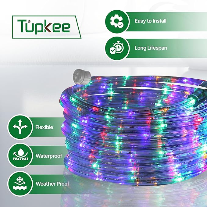 Tupkee LED Rope Light Multi-Color - for Indoor and Outdoor use, 24 Feet (7.3 m) - 10MM Diameter - 144 LED Long Life Bulbs Rope Tube Lights