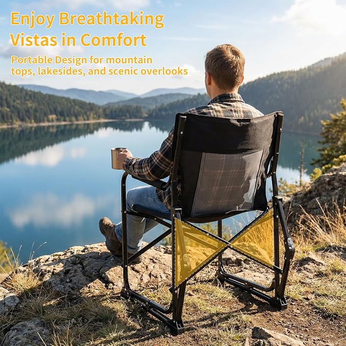 Folding Rocking Chair for Adults - Outdoor Camping and Lawn Chair with Breathable Mesh, Detachable Waterproof Armrests and Cup Holder – Portable Travel Seat, Black