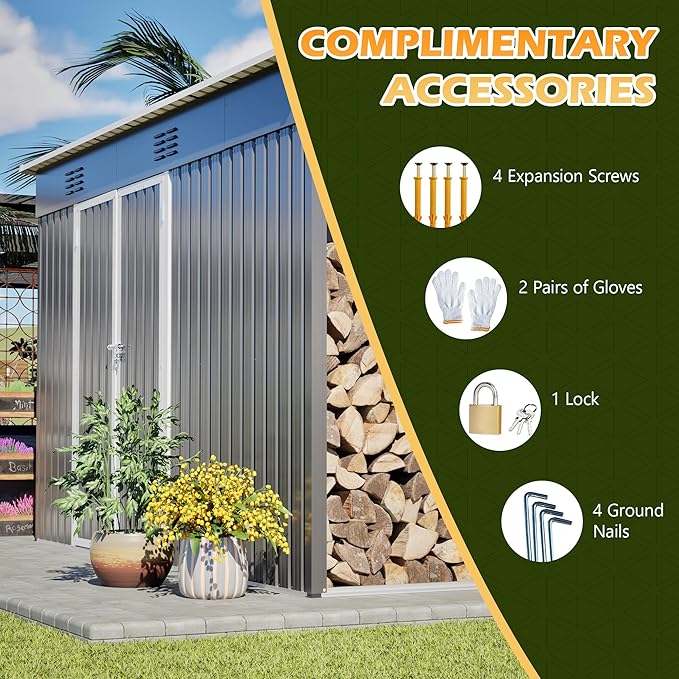 YOPTO 4x10 FT Outdoor Storage Shed with Floor,Metal Shed W/Log Store,Garden Tool Storage House W/Lockable Door & Sloped Roof,for Backyard,Patio,Lawn,Gray