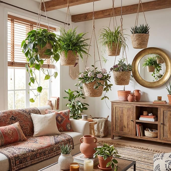 6 Pcs Seagrass Hanging Planter Basket Hand Woven Plant Basket with Plastic Liners Hanging Plant Holder Storage Containers with Cotton Rope for Indoor Garden Decor (Medium,Brown)