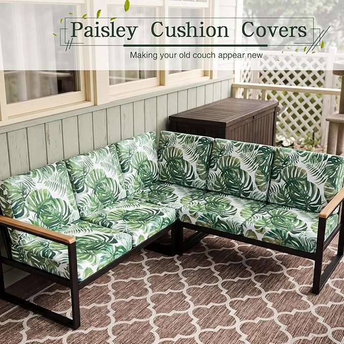Newwiee 12 Pcs Patio Stretch Outdoor Cushion Covers Sofa Couch Cover Replacement Couch Slipcover Sofa Seat Chair Porch Patio Furniture Protector, Flexibility Washable (Green,Tropical Monstera)