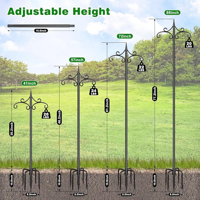 Heavy Duty Double Shepherd Hooks for Outdoor with 5-Prong Base, 88inch Adjustable Decorative Metal Bird Feeder Pole for Hanging Bird Nests, Plant Baskets, Solar Lights, Lanterns, 1 Pack