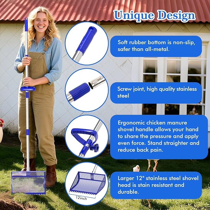 Chicken Poop Scooper Rake 2-in-1,304 Stainless Steel Shovel Head, Chicken Litter Scoop with Handle for Chicken Coop for Sand, Pet Waste Cleaning, Litter Sifting Shovel (35 to 65") (Blue, 12inch)