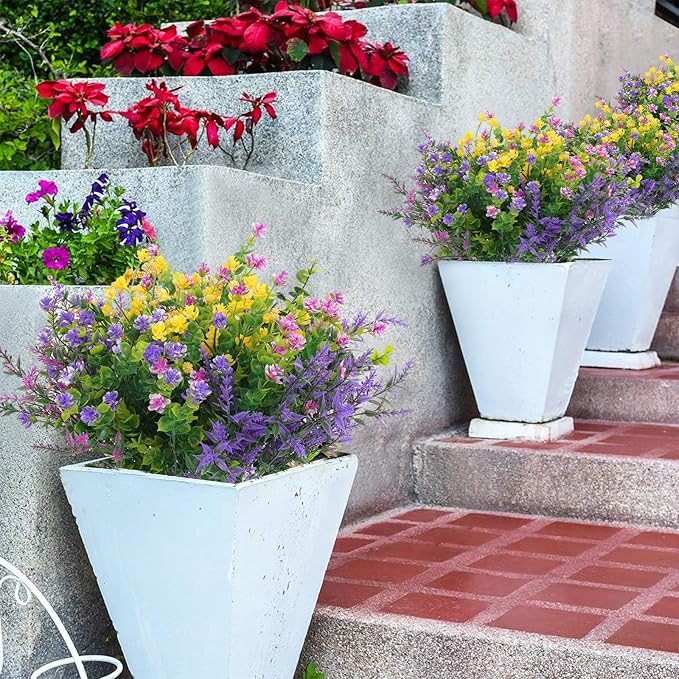 Hananona 48 Pcs Artificial Flowers Outdoor, Faux Artificial Plants UV Resistant Plastic Flower Bulk for Hanging Planter Porch Window Home Spring Summer Decor (48, Fuchsia, Purple, Yellow, Green)